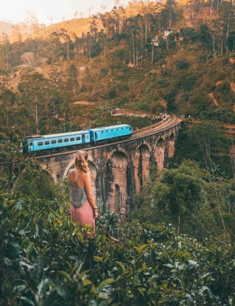 Aerial view of a train on the 9 Arches Bridge in Sri Lanka