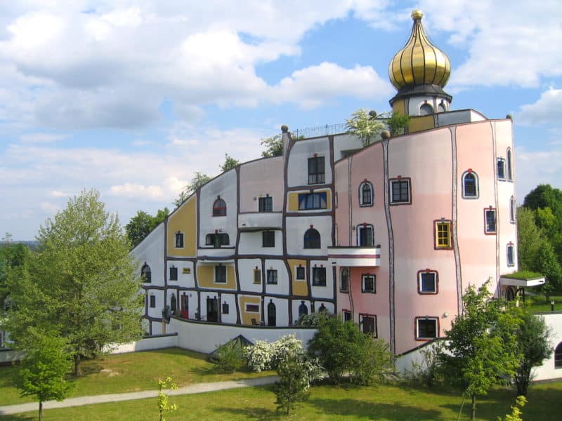 Pink white and yellowo building in Bad Blumau
