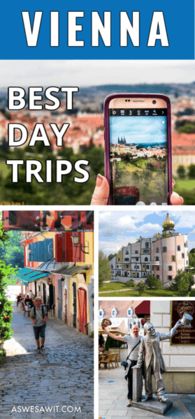 collage of camera taking photo, street in szedentere hungary, Bad Blumau spa building, and quirky bratislava statue. Text overlay says vienna best day trips