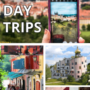 collage of camera taking photo, street in szedentere hungary, Bad Blumau spa building, and quirky bratislava statue. Text overlay says vienna best day trips