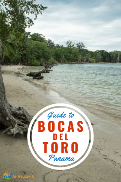Deserted sandy Caribbean island beach. Tree in foreground. Text overlay in circle that says Guide to Bocas del Toro Panama.