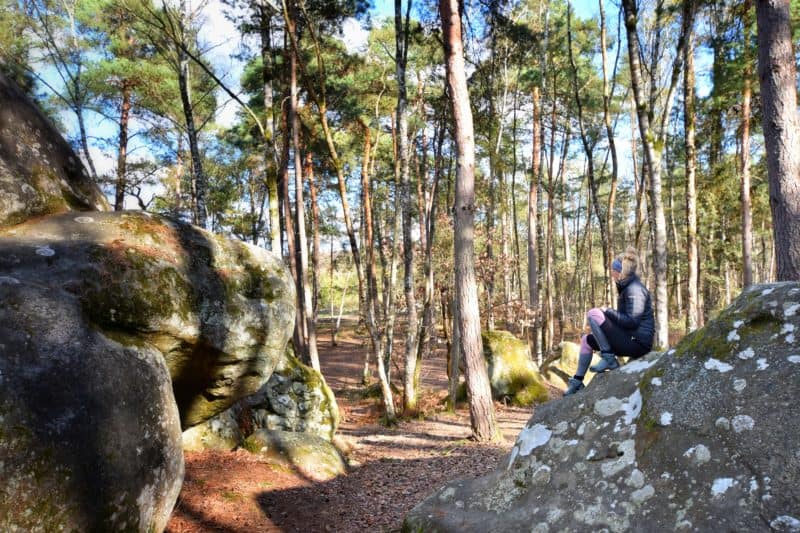 Woman sitting on a rock in the midst of a Fontainebleau forest. Large rock in foreground, pine trees in background. Trekking in this area is one of the best day trips from Paris for outdoor lovers.