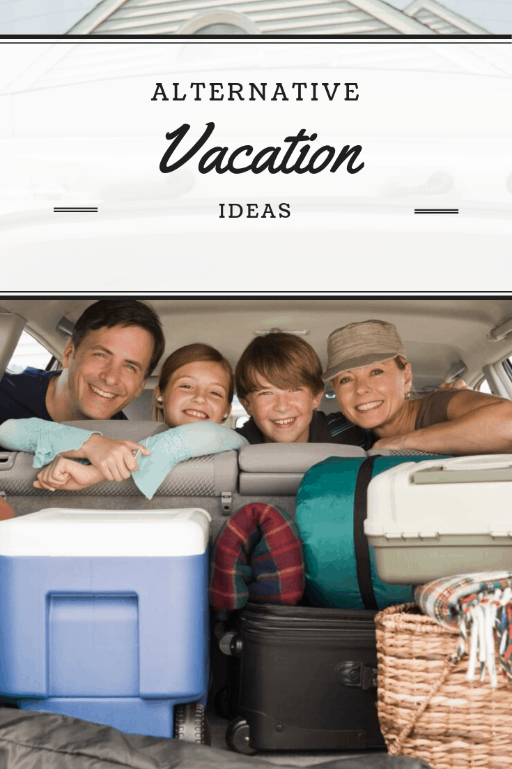 Family looking over the back seat of a van. Text overlay says "Altlernative vacation ideas." 