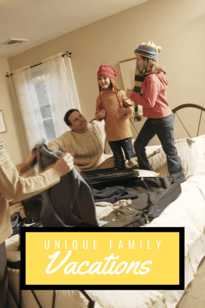 two girls jumping on the bed while their parents are packing for vacation text says alternative family vacations