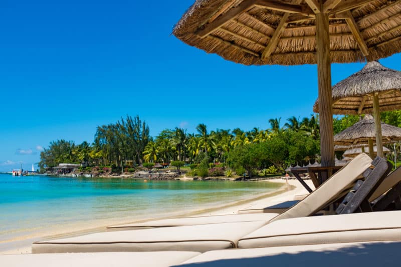 lounge chairs on the beach at Sihanoukville, Cambodia