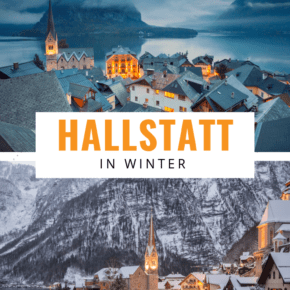 Top photo hallstatt in winte4r at time overview bottom photo lakeside reflection of Hallstatt at night text says Hallstatt in winter