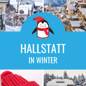 photo collage of Hallstatt in winter with a penguin character dressed in red scarf and red beenie
