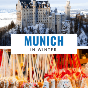 Neuschwanstein castle and munich christmas market text says munich in winter