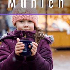 photo of little girl bundled in purple jacket with hot chocolate text says munich in winter