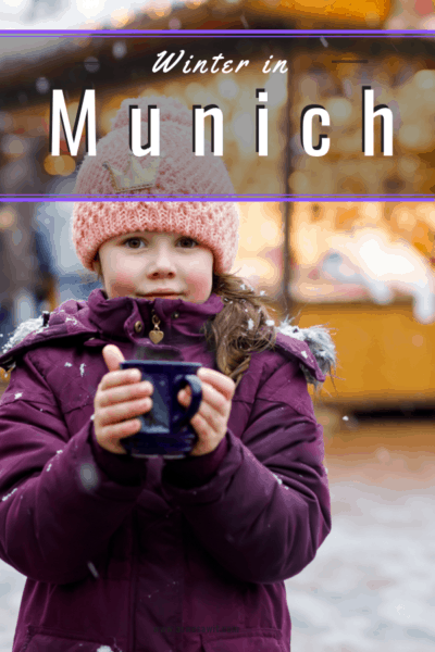 photo of little girl bundled in purple jacket with hot chocolate text says munich in winter