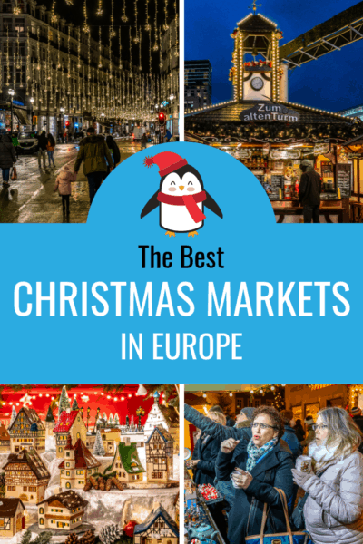 collage of christmas markets at night text says the best european christmas markets