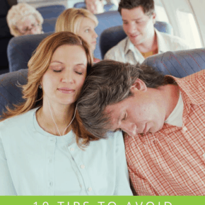 picture of couple sleeping on airplane text overlay says 10 tips to avoid jet lag