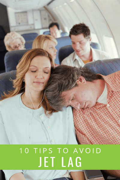 picture of couple sleeping on airplane text overlay says 10 tips to avoid jet lag