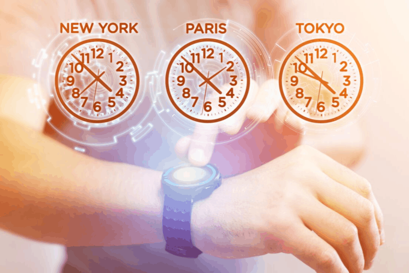You can't prevent jet lag from crossing US to Europe or Asia but you can minimize jet lag symptoms. Background shows a person adjusting his watch. text says new york paris tokyo