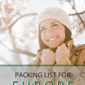 woman bundled with hands closing her collar text says packing list for europe in winter