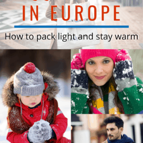 collage of bundled men and women text says winter in europe how to pack light and stay warm
