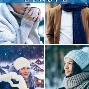 collage of men and women dressed for winter text says wintertime in europe how to pack light & stay warm