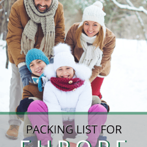 family bundled up sledging text says packing list for europe in winter