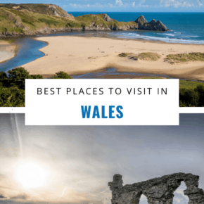 Beach photo on top with sunset at a castle on bottom text saya best places to visit in wales