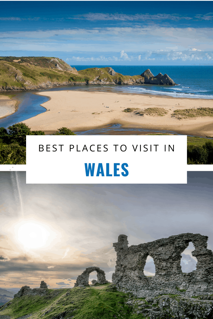 Beach photo on top with sunset at a castle on bottom text saya best places to visit in wales