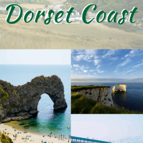 collage of coastal photos text says 10 best beaches in dorset coast