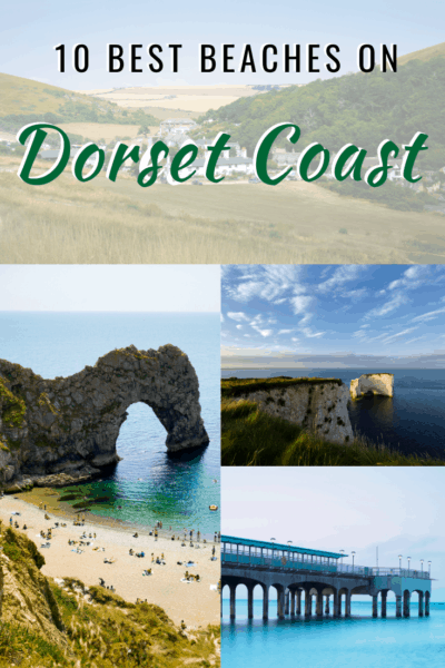 collage of coastal photos text says 10 best beaches in dorset coast