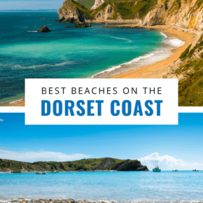 collage of coastal photos text says 10 best beaches in dorset coast