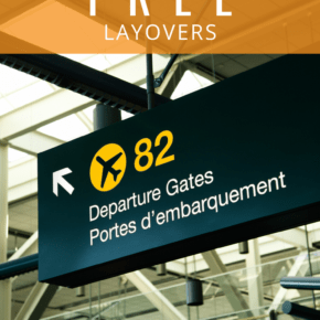 departure gate 82 sign text says 7 airports that offer free layovers