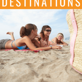 family laying on the beach text reads top 5 family vacation destinations