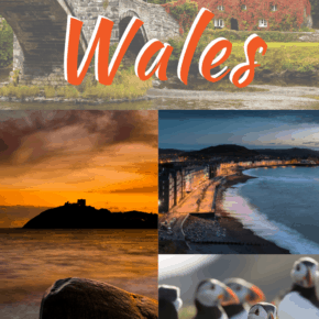 Collage of sunset photos in wales text says 10 places to visit in wales