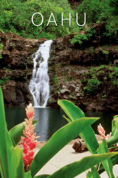 Waterfall and pool in oahu text reads oahu