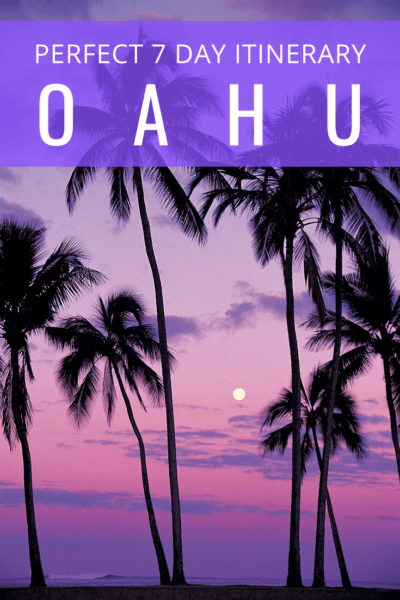 Purple sunset in oahu text reads perfect itinerary in oahu