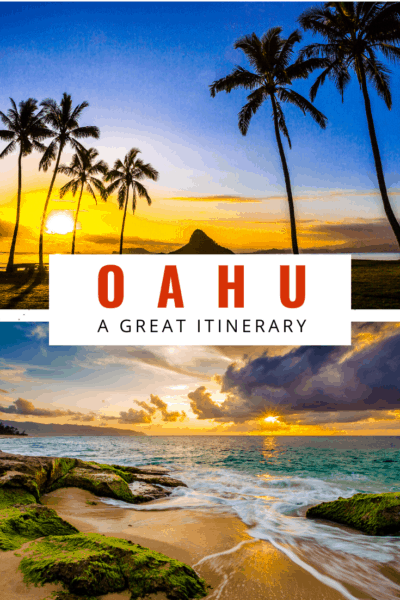 Sunset photos in oahu text reads oahu a great itinerary