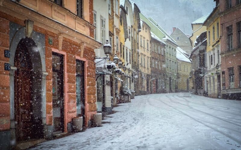 Snowy street in Ljubljana