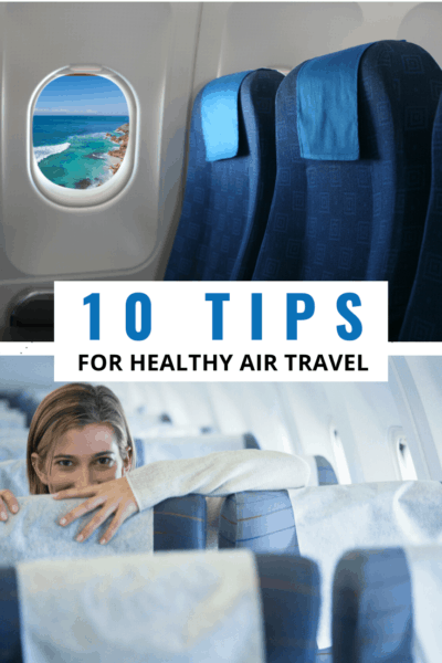 Airplane seats text says 10 tips for healthy air travel