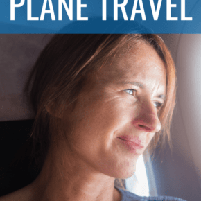 Woman staring out a plane window text says tips for healthy plane travel
