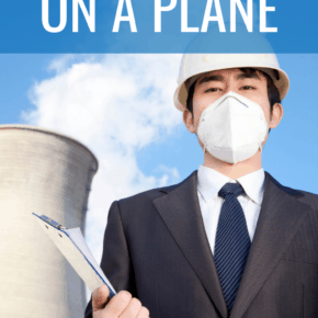 business man with a mask and hard hat text says how to avoid germs on a plane