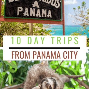 Panama sign and a three-toed sloth text says 10 day trips from panama city