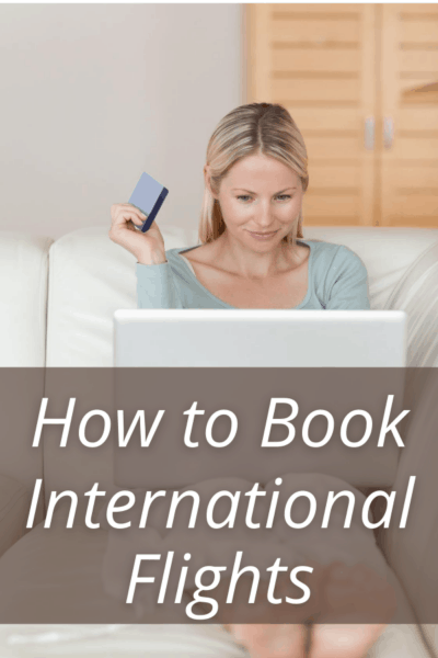 Woman on sofa with laptop text says how to book international flights