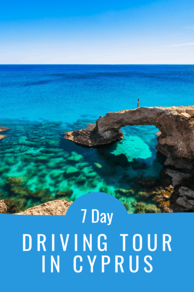 natural bridge at Ayia Napa beach cyprus text says 7 day amazing driving tour in cyprus