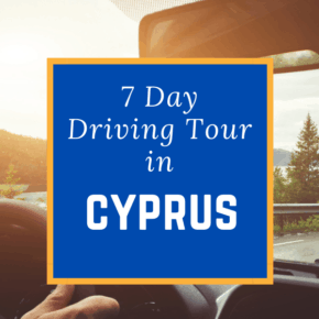 inside a car driving text says 7 day driving tour in cyprus