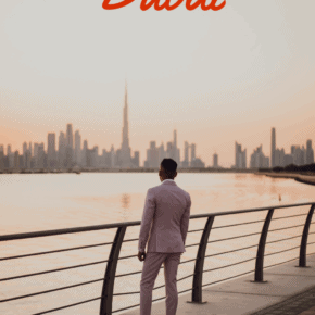 Man on walkway in Dubai. Text overlay says Dubai 7 day itinerary