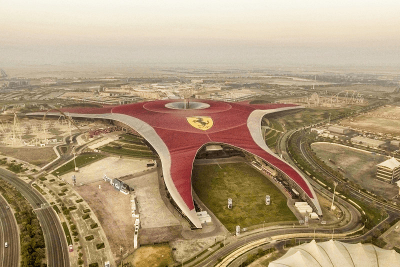 Ferrari World amusement park in UAE as seen from the air.
