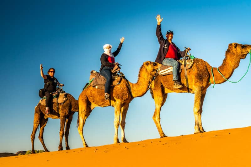 Riding camels in the Sahara desert near the Algerian border.