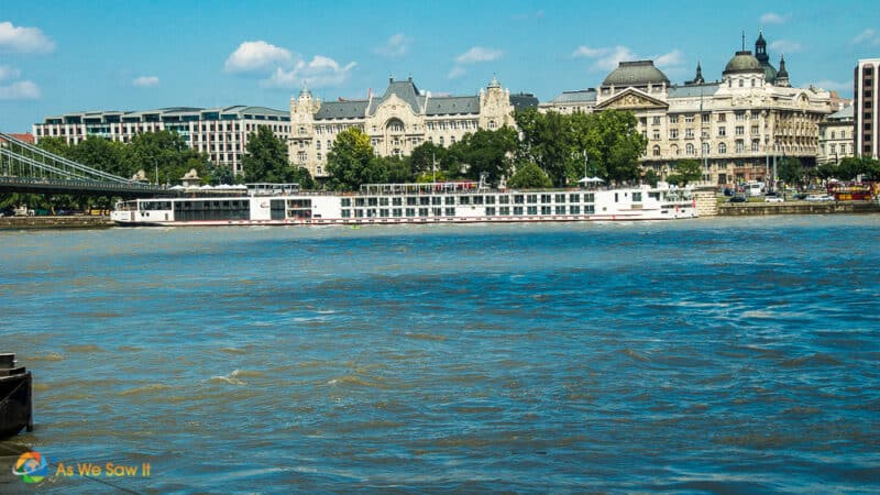 Viking river cruise ship docked in Budapest Amsterdam, Contrasts the size of river vs. ocean cruise ships.