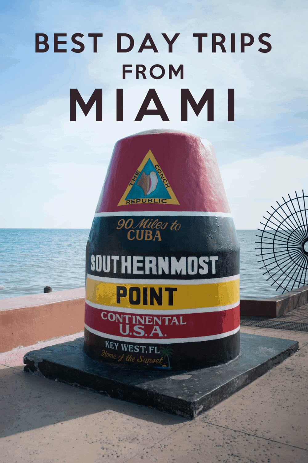 Key West's Southernmost point monument. Text overlay says best day trips from Miami