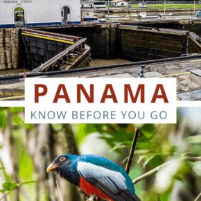 Miraflores locks and bird in Panama. Text overlay says Panama know before you go