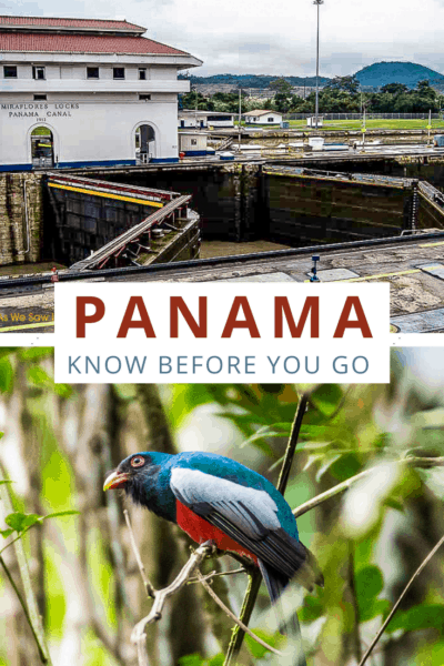 Miraflores locks and bird in Panama. Text overlay says Panama know before you go