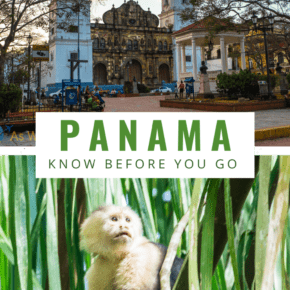Church in Casco Viejo and spider monkey. Text overlay says Panama know before you go