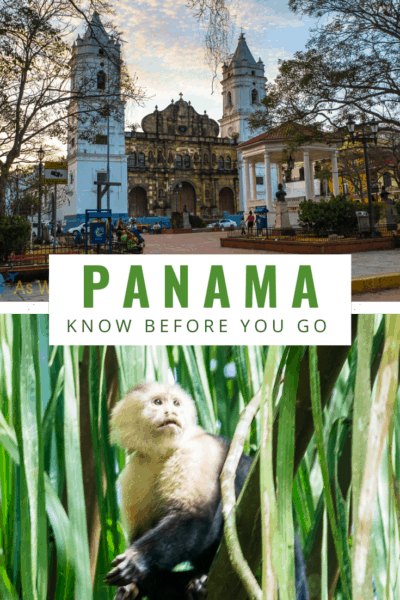 Church in Casco Viejo and spider monkey. Text overlay says Panama know before you go